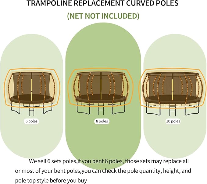 6 PCS Trampoline Curved Pole Replacement, Universal Curved Enclosure Net Poles for 8-16ft Frame, with Plastic T Connector, Mounting Hardware, Foam Cover Padding