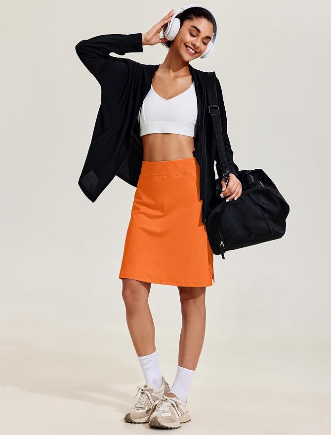 COOrun Women's 20" Knee Length Skirts High Waisted Golf Skorts with Pockets | Soft, Quick Dry, Split Hem, Built-in Shorts, A-line, Modest Skirts, for Golf Athletic Tennis Work Casual