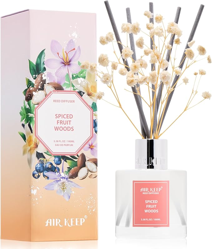 Airkeep Reed Diffuser Set,3.38 fl oz (100 ml) - Spiced Fruit Woods Oil Diffusers with 8 Reed Sticks, Home Fragrance Reed Diffuser for Bathroom Shelf Decor