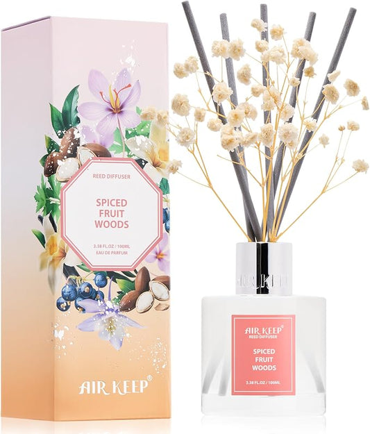 Airkeep Reed Diffuser Set,3.38 fl oz (100 ml) - Spiced Fruit Woods Oil Diffusers with 8 Reed Sticks, Home Fragrance Reed Diffuser for Bathroom Shelf Decor