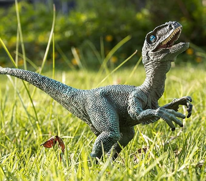 Dinosaur Toy Velociraptor Figurine with Moving Jaw, Plastic Wildlife Animal Dino Model Figurines for Birthday Gift, Kids Toys, Party Favor (Blue).