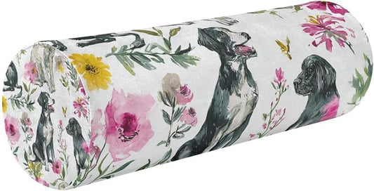 Watercolor Dogs Flowers White Neck Roll Pillow Bolster Round Health Memory Foam Long Cervical Cylinder Pillows with Removable Washable Cover for Body Bed Legs Back Yoga