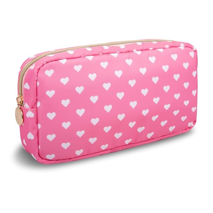 UIXIZQ Small Makeup Pouch for Purse，Nylon Travel Toiletry Storage Cute Preppy Cosmetic Bag for Women Girls，Waterproof Makeup Organizer Pouch Skincare Purse with Zipper (Small-Pink Heart)