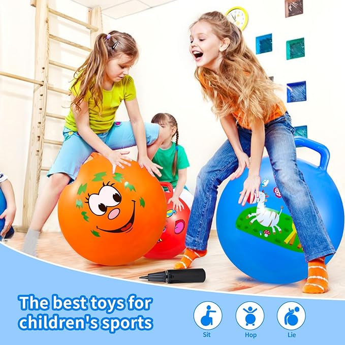 Bouncy Balls with Handle for Kids, Ride On Toys Balls for Kids 3 4-8, 3 Pack Hopper Ball 18 Inch Size with Air Pump for Kid Jumping Sports Ride Games Balance Exercise Indoor Outdoor Fun Toy