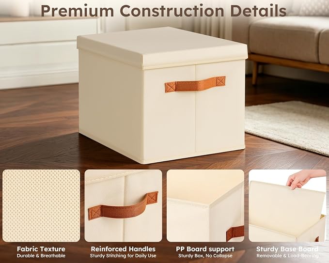 Storage Bins with Lids - Large Fabric Closet Bins with Lid, 5 Pack Clothes Organizers and Storage, Collapsible Stackable Cube Basket for Home, Office, Dorm, Beige