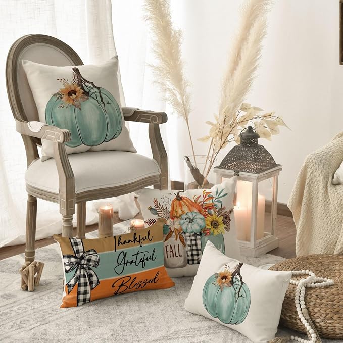 AVOIN colorlife Fall Pumpkin Home Sweet Home Throw Pillow Covers, 12 x 20 Inch Autumn Thankful Grateful Blessed Harvest Floral Decorations for Sofa Couch Set of 4, Blue