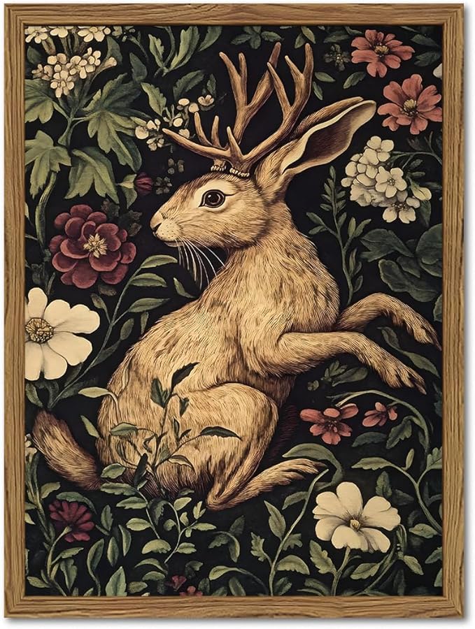 Vintage Rabbit Wall Art Whimsical Dark Cottagecore Jackalope Wall Decor Painting Moody Animal and Botanical Poster Canvas Print for Living Room Bedroom 12x16 inch Wood Framed