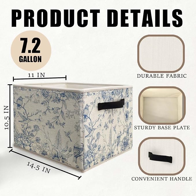Blue and White Chinoiserie Storage Bins Basket, Vintage Bird Floral Botanical Grandmillennial Collapsible Fabric Storage Box Organizer Toybox for Bedroom Bathroom Clothes Books Toys