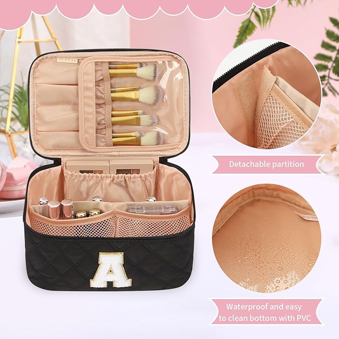 OCHEAL Makeup Bag Valentines Day Gifts for Women, Monogram Cosmetic Bag Black Travel Makeup Case Beauty Toiletry Bag Organizer Personalized Gifts for Girls Bridesmaid, Sister, Wife, Friends Initial A