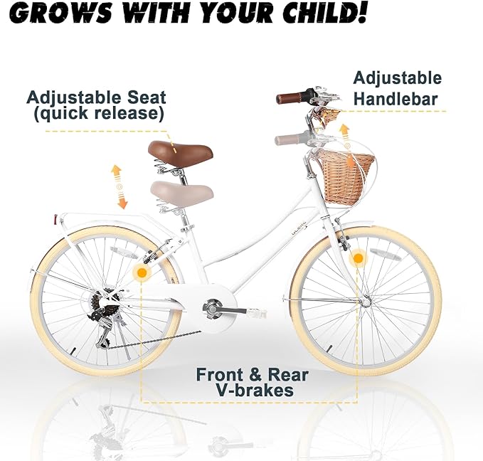 Glerc 20 24 26 Inch Beach Cruiser Bike, 6-Speed Hybrid City Bicycle for Girls Youth and Over 6 Years Old, Missy Bike with Wicker Basket & Lightweight, Multiple Colors