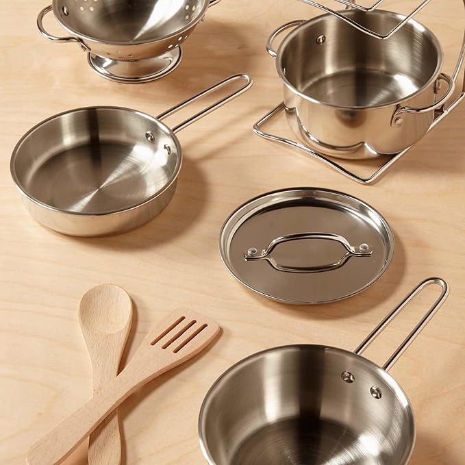 Melissa & Doug Stainless Steel Pots & Pans, 8 Piece Play Kitchen Set, Premium Play Kitchen Accessories & Cooking Utensils, Preschool Toys for Kids 3+