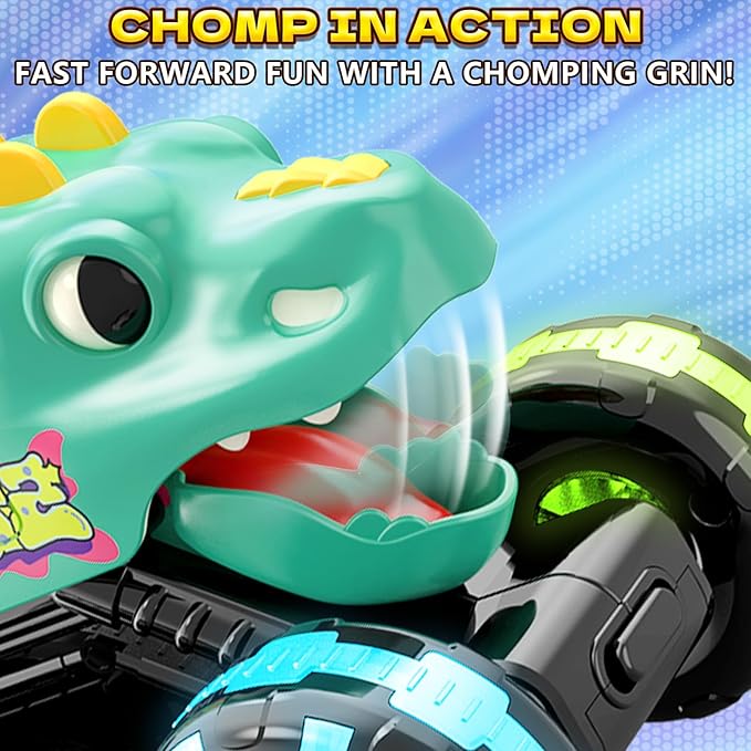 Green Dino Monster Truck – LED Light-Up Press and Go Toy Car for Toddlers Age 2 3 4 5 – Dinosaur Truck with Flashing Wheels and Chomping Mouth for Boys and Girls