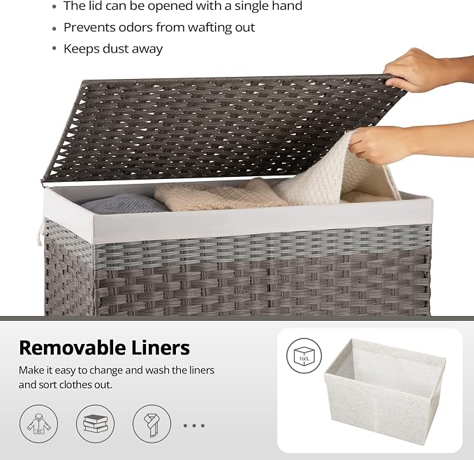 OIAHOMY Storage Basket with Lid, 42.3 Gallon (160L) Blanket Basket with Removable Liner Bag, Synthetic Wicker Hamper with Handle, Foldable, Hamper for Living Room, Grey