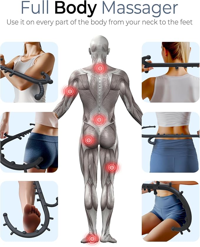 Back and Neck Massager for Pain Relief Deep Tissue, Upgraded Full Body Trigger Point Cane Massage Tools, Therapy Massage Stick Pressure Point Hook, Muscle Knot Remover Tool (Black)