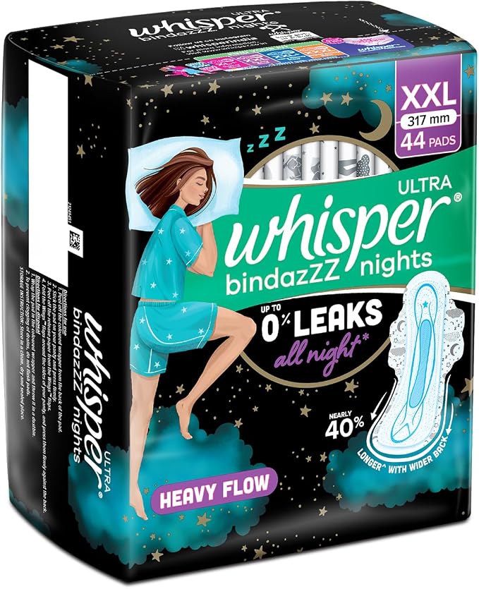 Whisper Ultra Night Sanitary Pads for Women, XL+ 44 Napkins