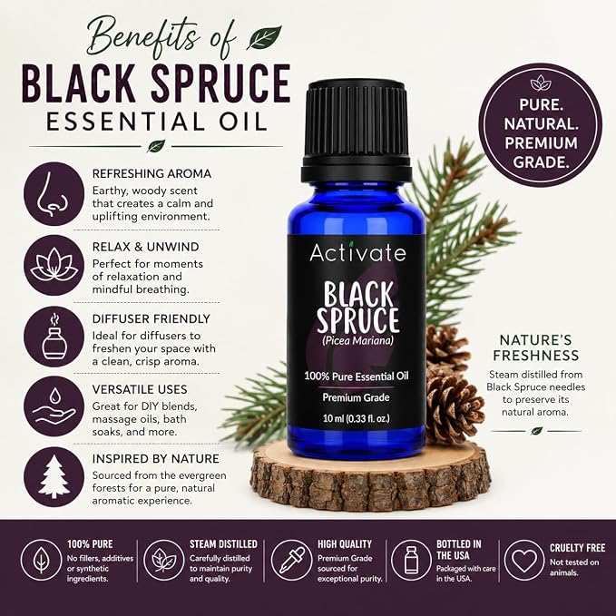 Black Spruce Essential Oil (Picea Mariana), 100% Pure Premium Grade, Steam Distilled Essential Oil for Diffusers, Aromatherapy, Massage, DIY Soap, Candle Making, Home Fragrance & Craft Projects, 10 mL
