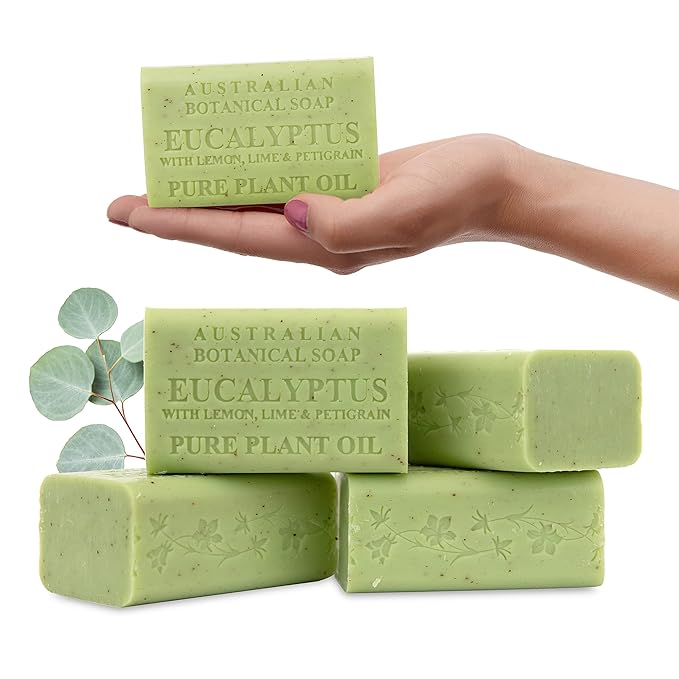 Australian Botanical Soap Eucalyptus with Lemon, Lime & Petitgrain – Triple Milled 6.6 oz Bar Soap with Shea Butter, Face Hand & Body Soap Bars, 4 Pack