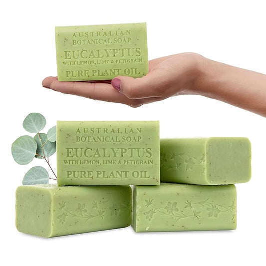 Australian Botanical Soap Eucalyptus with Lemon, Lime & Petitgrain – Triple Milled 6.6 oz Bar Soap with Shea Butter, Face Hand & Body Soap Bars, 4 Pack