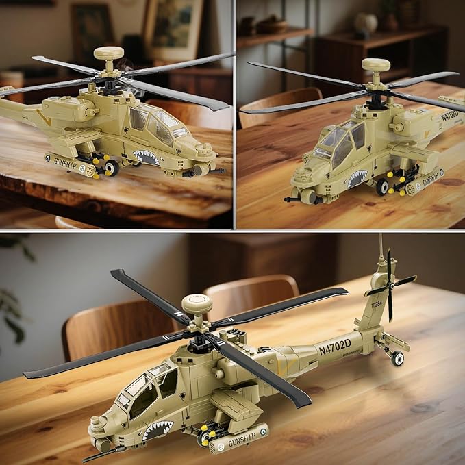 AH-64 Military Helicopter Building Set, Compatible with Lego Military Army Airplane, for 8-14 Years Boys and Adults as Gifts