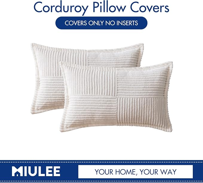 MIULEE Decorative Lumbar Throw Pillow Covers 12x20 Inch White 2 Pack | Boho Broadside Striped Patchwork Pillow Covers, Soft Corduroy Cushion Cases, For Couch Sofa Bed Livingroom Home Decor