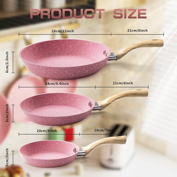 Frying Pan Nonstick, 9.5 Inch Pink Egg Pan, Non Stick Fry Pan 100% PTFE PFOA-Free Omelet Skillet Pan, Toxin-Free Skillets Stone Cookware, Anti-Warp Base with All Stove Tops, Induction Compatible | Even Heating All Stove Compatible, PFOA PFOS Free, Gran...