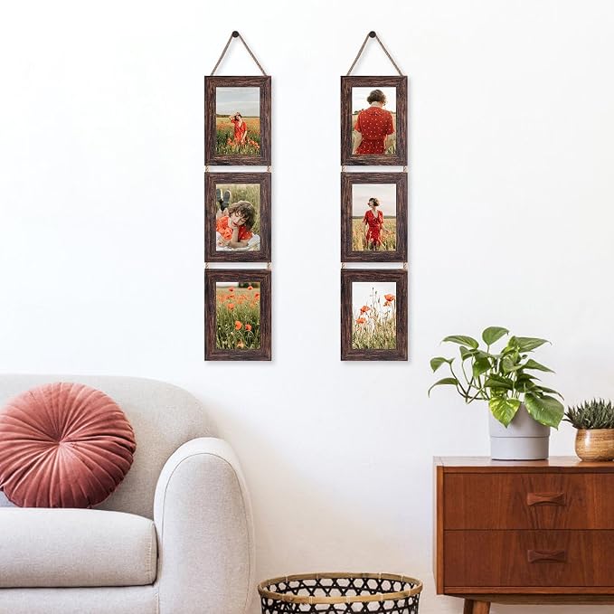 QUTREY 4x6 Picture Frames Collage, 3 Openings 4 x 6 Vertical Hanging Photo Frames Display 4 by 6 inch Pictures for Wall Decor Room Decor, Distressed Brown