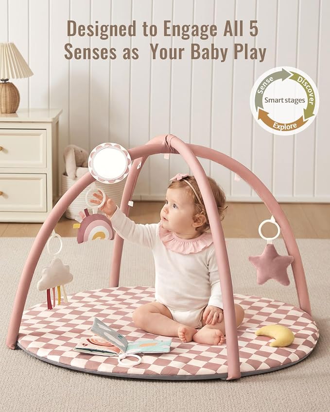 Blissful Diary Baby Play Gym Mat, Play Mat Activity Mat with 6 Detachable Toys for Stage-Based Sensory & Motor Skill Development, Easy to Install & Clean, Baby Essentials Gift, Blush Checkered
