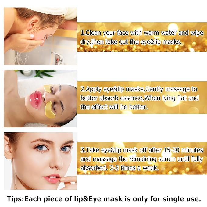 Jakuva 30 Pairs Lip Masks & Eye Masks,Gold Under Eye Patches for Puffy, Moisturizing Lip & Eye Skin, Anti-Aging, Reducing Fine Lines,Nourishing for Face Care