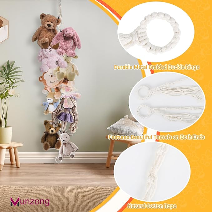 80" Beige Hanging Stuffed Animal Storage Chain, Munzong Cotton Stuffed Animal Display Holder Plush Qrganizer with 20 Metal Clips for Nursery Room Corner Wall Decor Play Room