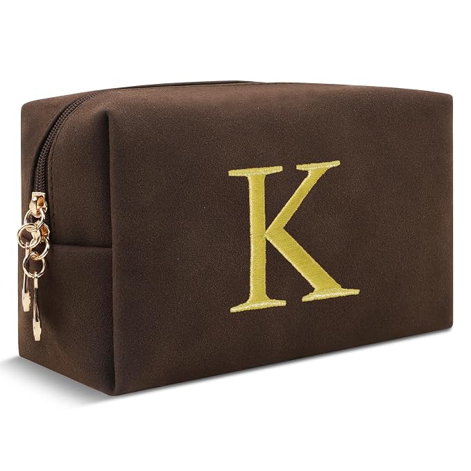 Personalized Initial Makeup Bag,Preppy Suede Cosmetic Bag for Teen Girls,Small Monogram Travel Toiletry Bag With Gold Embroidered Letter,Trendy Stuff Custom Christmas Gift for Women(Coffee-K)