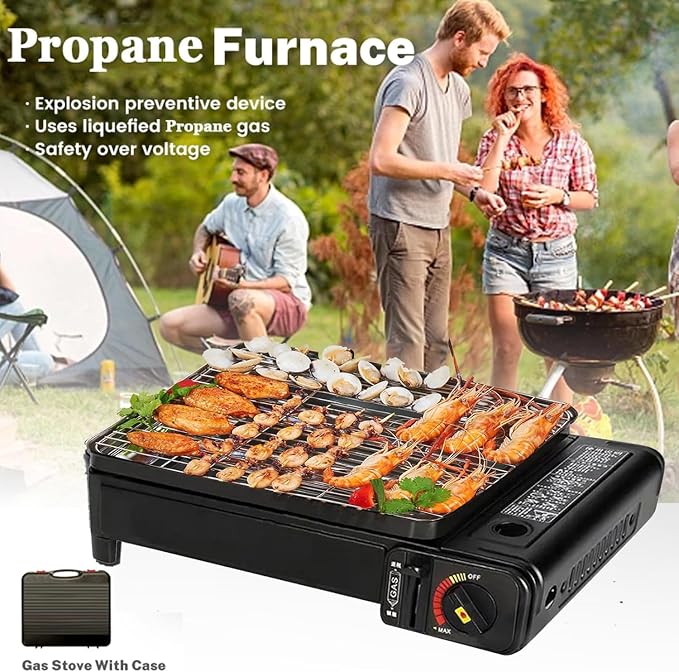 Portable Butane Stove - Compact Gas Grill Stove with Detachable Grate + Durable Carry Case | Dual Fuel Tabletop BBQ for Camping, Korean BBQ, Tailgating | Fast Stainless Steel Outdoor Cooker