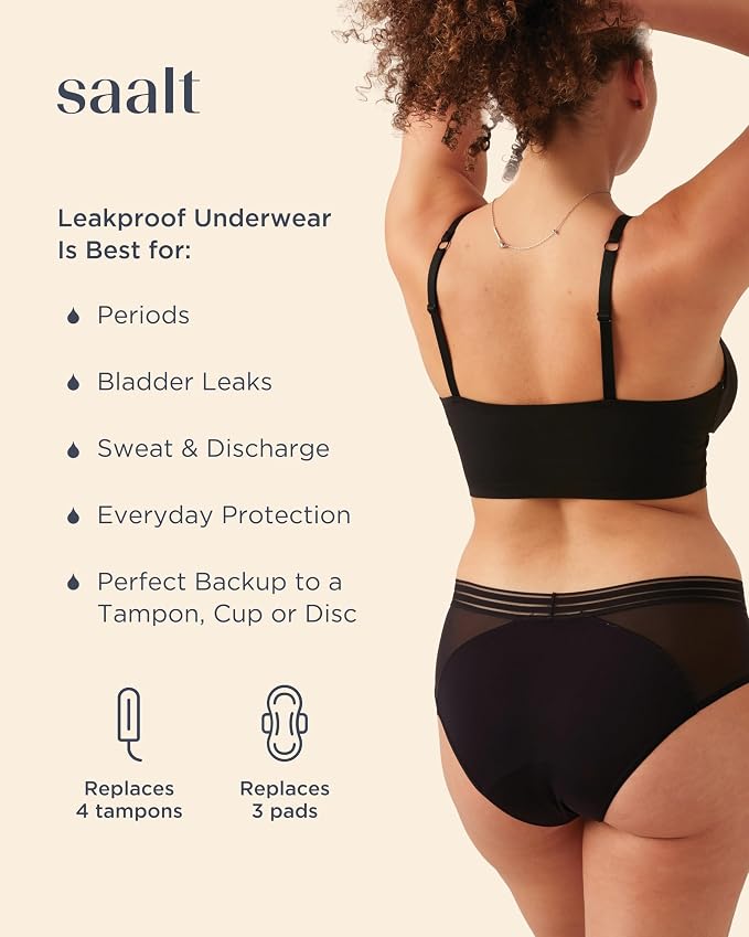 saalt Mesh Hipster Period Underwear | Mid-Rise Leak Proof Underwear for Women, Soft Breathable Fabric