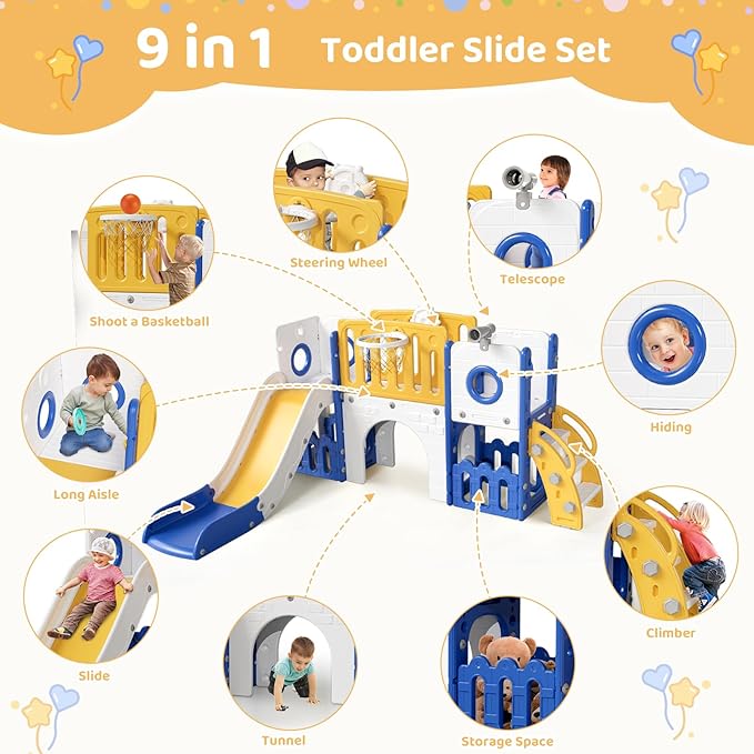 Arlopu 9 in 1 Toddler Slide Set, Kids Large Climber Slide Playset w/Long Slope, Telescope, Storage Space, Enclosed Steps, Indoor Outdoor Playground (Yellow & Blue)