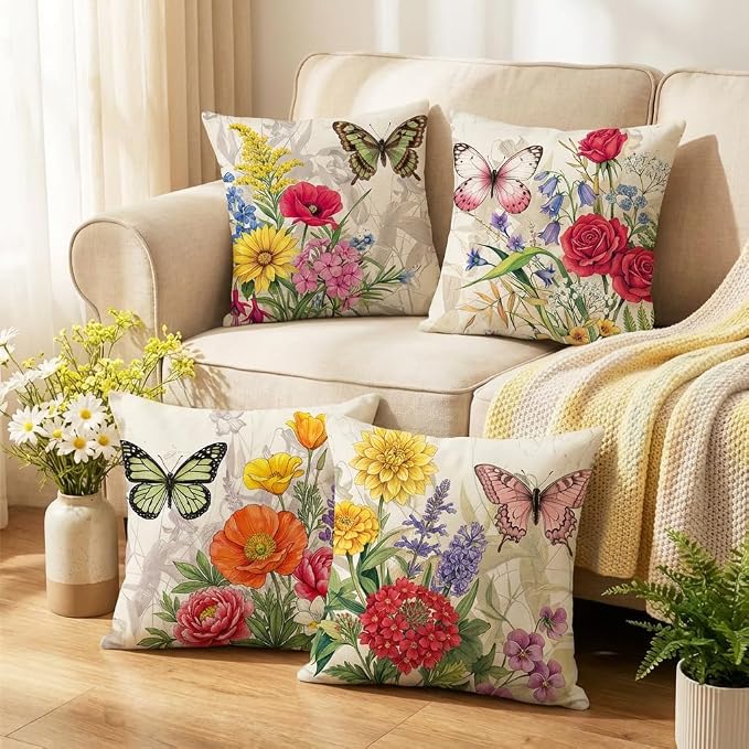 wyooxoo Throw Pillow Covers 16x16 Set of 4 Decorative Spring Pillow Covers Linen Flower Butterfly Farmhouse Pillowcases for Sofa Couch Living Room Outdoor