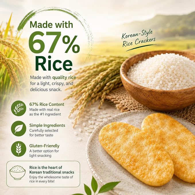 Rice Cracker Snack, Korean-Style Senbei, Individually Wrapped Sweet & Savory Treats, 67% Rice Content, Tea Time Snack, 10.6 oz 쌀과자