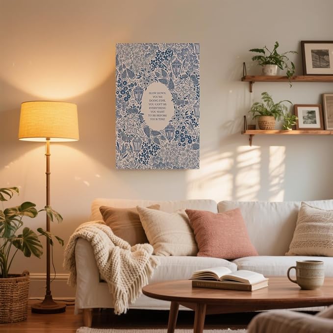 LEKDRA Slow Down You're Doing Fine Music Poster Motivational Song Lyric Blue Wall Art Vintage Positive Quote Daily Reminder Floral Canvas Print for Office Bedroom Home Decor 8x12inch Unframed