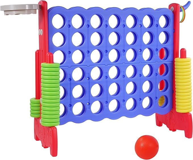 Elevon Giant 4-to-Score Game Set, 4-in-A-Row Jumbo w/Basketball Hoop, Ring Toss, 42 Jumbo Rings & Quick-Release Slide, 2.75FT Tall Indoor Outdoor Yard Family Connect Game for Kids & Adults