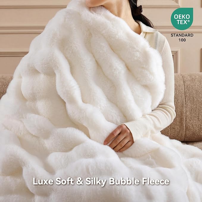 Faux Rabbit Fur Throw for Couch - Cream White Bubble Blanket 60"x80" | Fluffy Plush Fuzzy Throw for Sofa & Bed, Super Soft Cozy Comfrt Blanket, Luxury Aesthetic White Decor Gift for Women