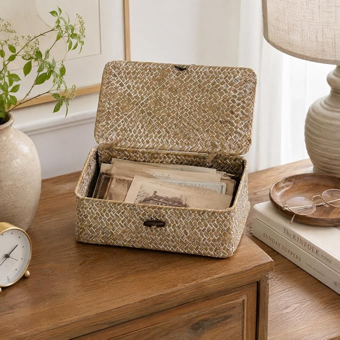 Seagrass Wicker Storage Basket with Lid, Small, Whitewash | 9.05 x 5.11 x 3.34 Inch Box, Shelf Organizer, Rectangular Woven Bin, Small Item Storage, Decorative Finish