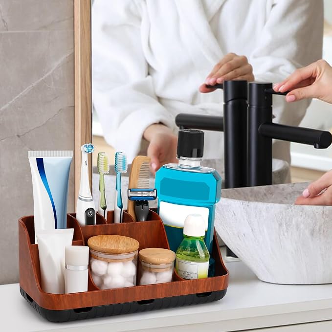 GFWARE Bathroom Decor and Accessories - Detachable 7 Slots Kids Electric Toothbrush and Toothpaste Holde for Bathroom Tray Countertop Vanity Storage, Bathroom Sink Storage Organizer, Red Wood