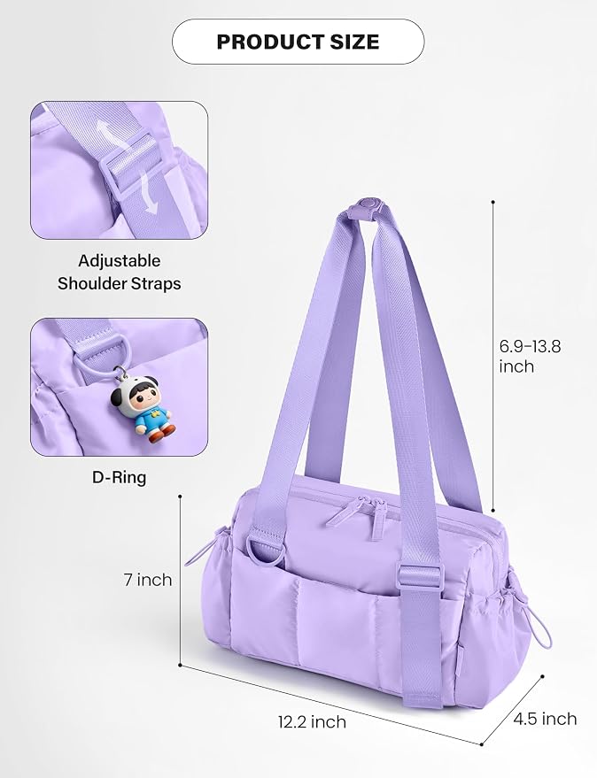Uselike Small Gym Bag for Women, 7L Mini Duffle Bag for Travel, Lightweight Quilted Puffer Bag for Daily, Cute Shoulder Bag for Dance with Wet Pocket (Lavender Purple)