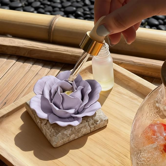 Ceramic Passive Essential Oil Diffuser, Aesthetic Desktop Handmade Flower & Concrete Base, Porcelain Aromatherapy Oils Diffuser for Home, Office, Yoga, Spa Room (Purple Peony)