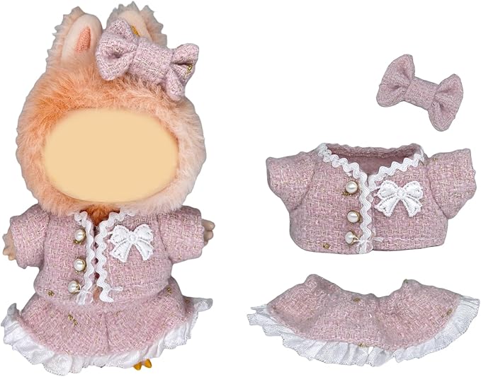 [3 in 1] 17cm Doll Clothes(NO Doll), Cute Dolls Outfit Accessories Luxury Style with Pink Tweed Fabric Pearl Buttons & Dress Small Kawaii Clothes Set for Dolls (Style 9)