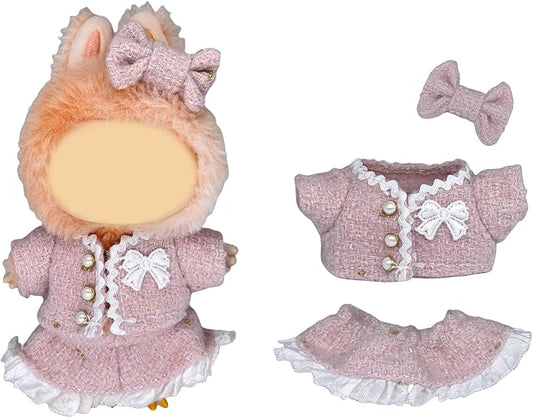 [3 in 1] 17cm Doll Clothes(NO Doll), Cute Dolls Outfit Accessories Luxury Style with Pink Tweed Fabric Pearl Buttons & Dress Small Kawaii Clothes Set for Dolls (Style 9)