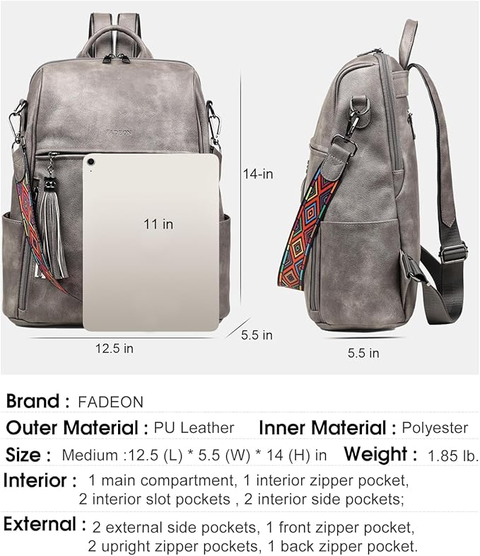 FADEON Leather Backpack Purse for Women Designer Travel Backpack Purses PU Fashion Ladies Shoulder Bag with Tassel