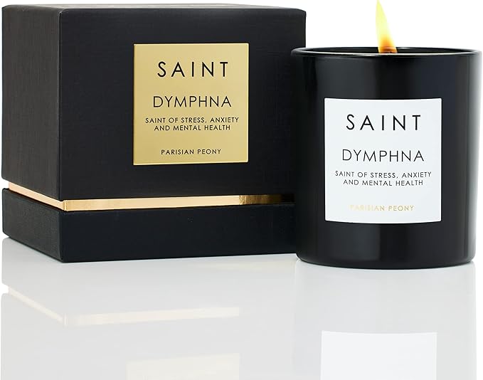 SAINT Dymphna Scented Candle with Prayer and Prayer Coin | Saint of Stress, Anxiety, and Mental Health, Soy Coconut Aromatherapy Candle with 50 Hour Burn Time