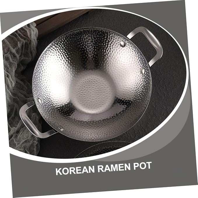 PRETYZOOM Double Handle Hammered Wok Pot Stainless Steel Cooking Pan for Korean BBQ and Home Use Small Metal Kitchen Pot with Sturdy Construction