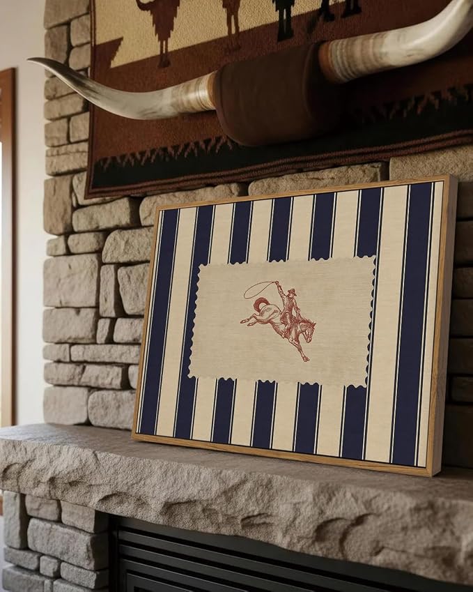 ZZLWBKGL Western Wall Decor Striped Cowboy Canvas Art Vintage Wall Art | Farmhouse Artwork Retro West Country Aesthetic Mid Century Rodeo Paintings Living Room Bedroom 12x16in
