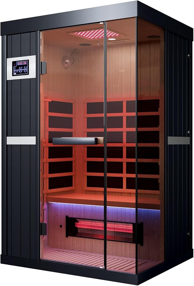 2-Person Full Spectrum Infrared Sauna, 1990W - 120V, 12 * 12" Red Light Therapy & 2 Built-in Speakers, Hemlock Wood Indoor Dry Traditional Sauna with Dual LED Controls for Home & Gym