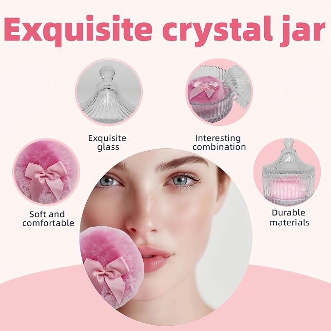 2 Pcs Large Body Powder Puff and Container Powder Container with Puff Powder Puff Crystal Container Soft Washable Reusable Velour Face Body Glitter Powder Puff Wet Dry Makeup (Pink)